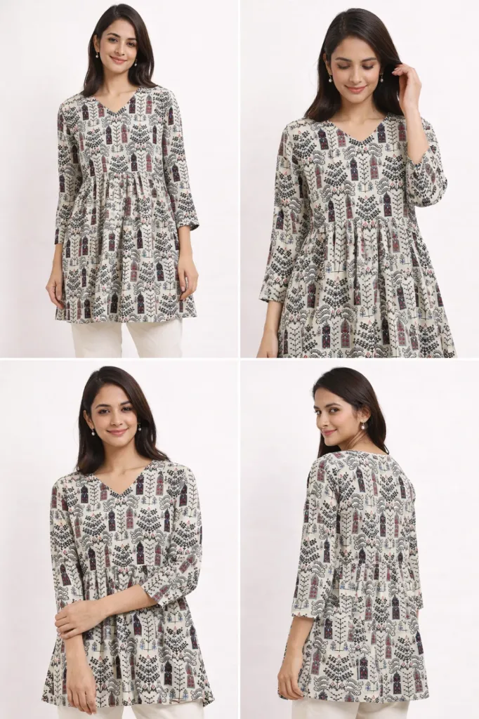 [printedkurti_M] Beige Ethnic Motif Printed Kurti. (M)