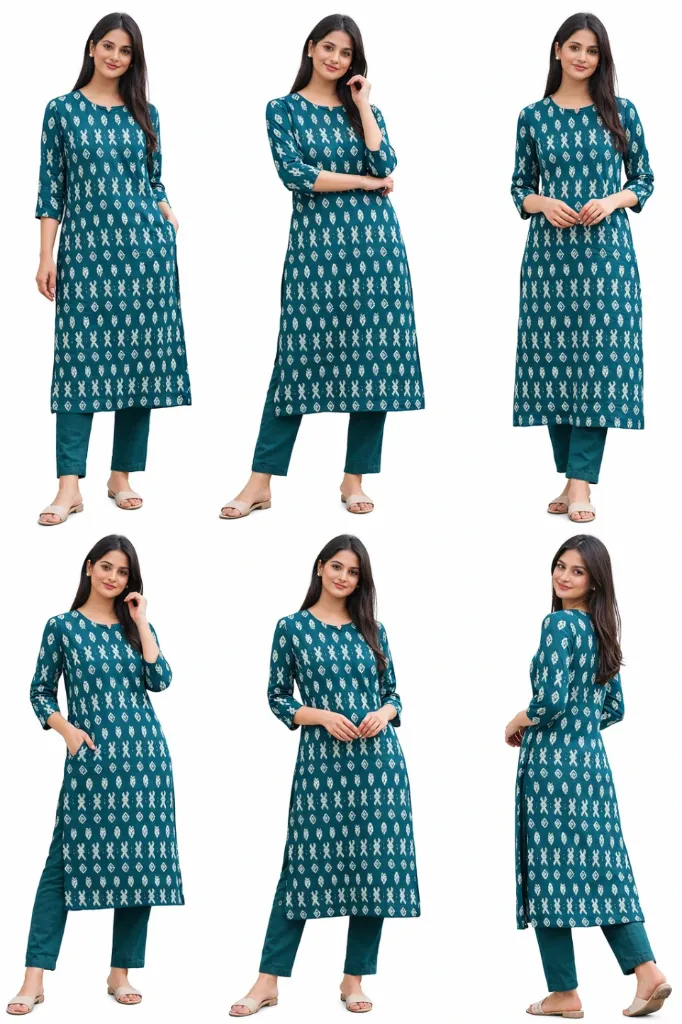 Teal Geometric Printed Straight Kurti