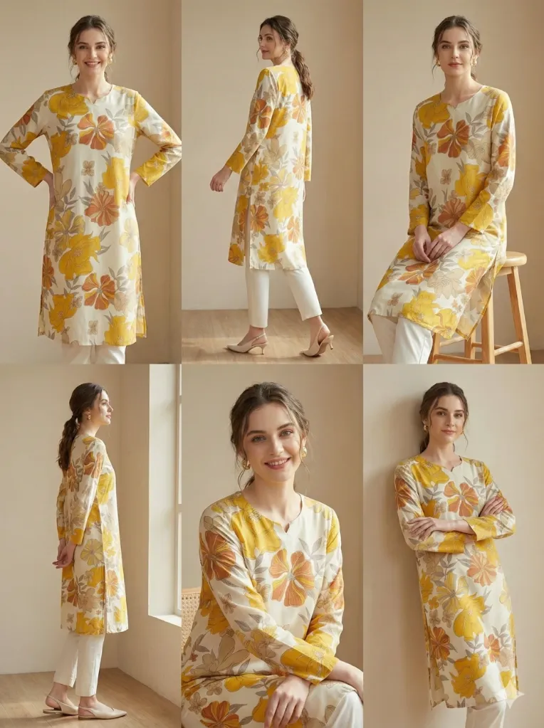 Floral Printed Elegant Kurti – Mustard & Ivory (M)