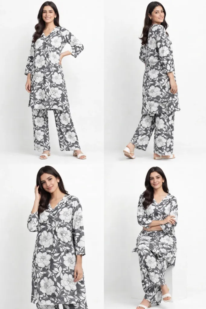 Grey & White Floral Printed Co-Ord Set (M)
