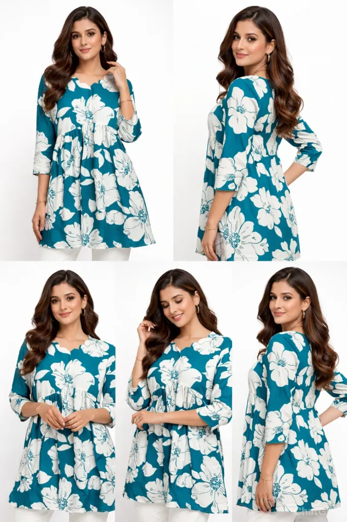 Teal Floral Flared Kurti (M)