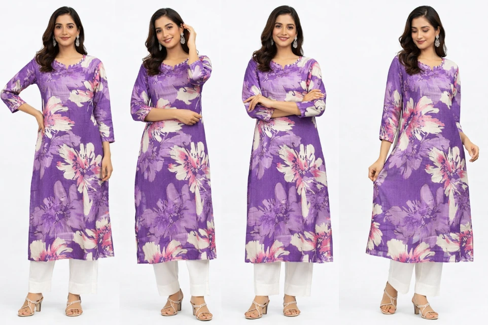 Purple Floral Printed Kurta set (M)