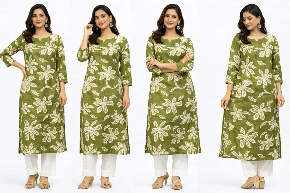 Olive Green Floral Printed Kurta Set (M)