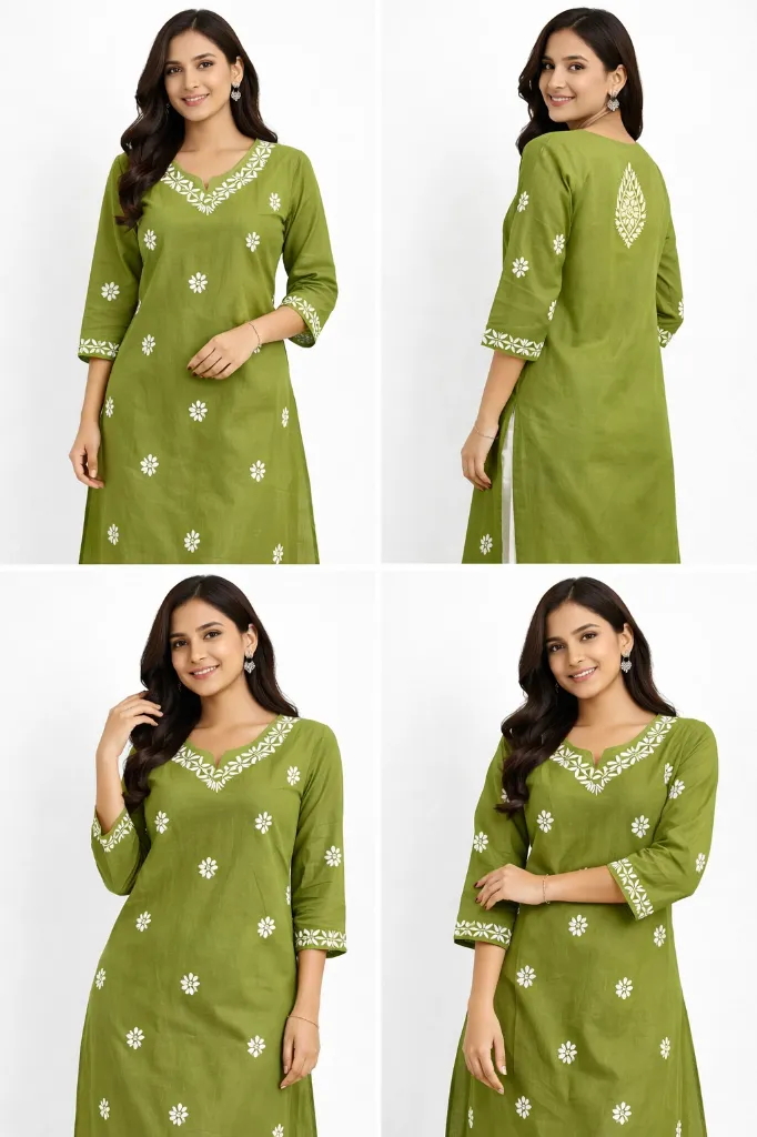Olive Elegance Embroidered Kurti (M)